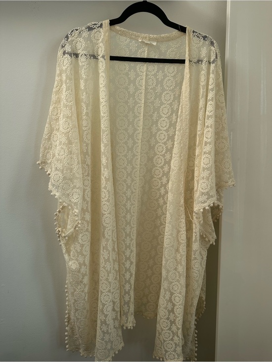Other - Boho Romantic Sheer Lace Kimono Duster Pom Pom Trim Festival Cover Up